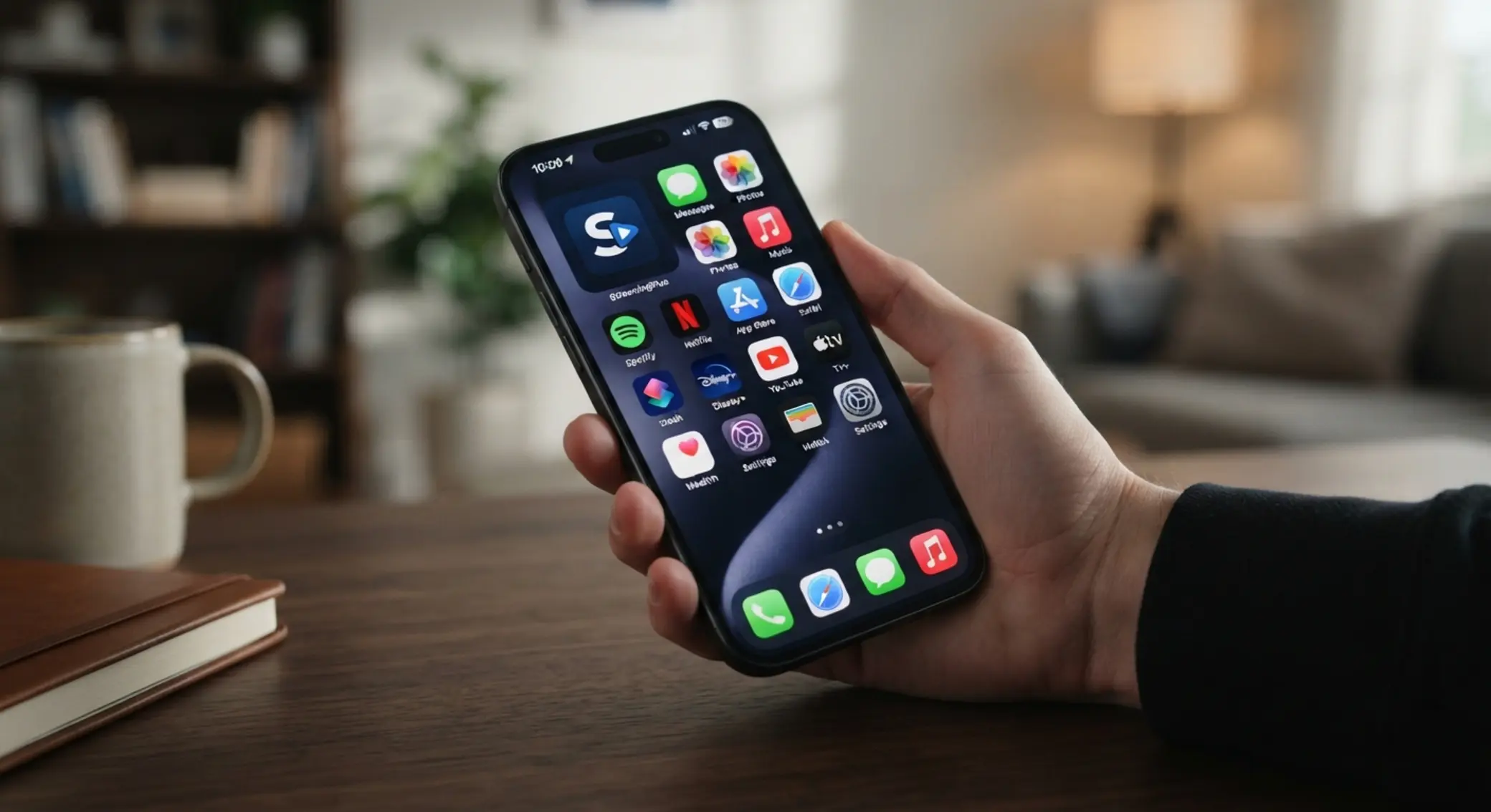 iPhone s mobilním rozhraním Apollo a ikonou na domovské obrazovce