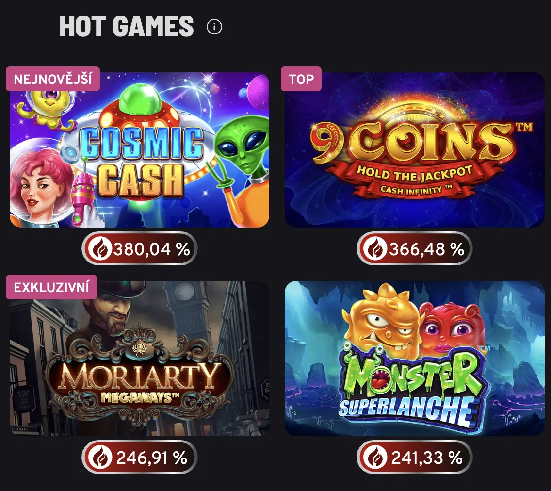 Výběr populárních online automatů v kategorii Hot Games – Cosmic Cash, 9 Coins Hold the Jackpot, Moriarty Megaways a Monster Superlanche s uvedenými procenty aktivity.