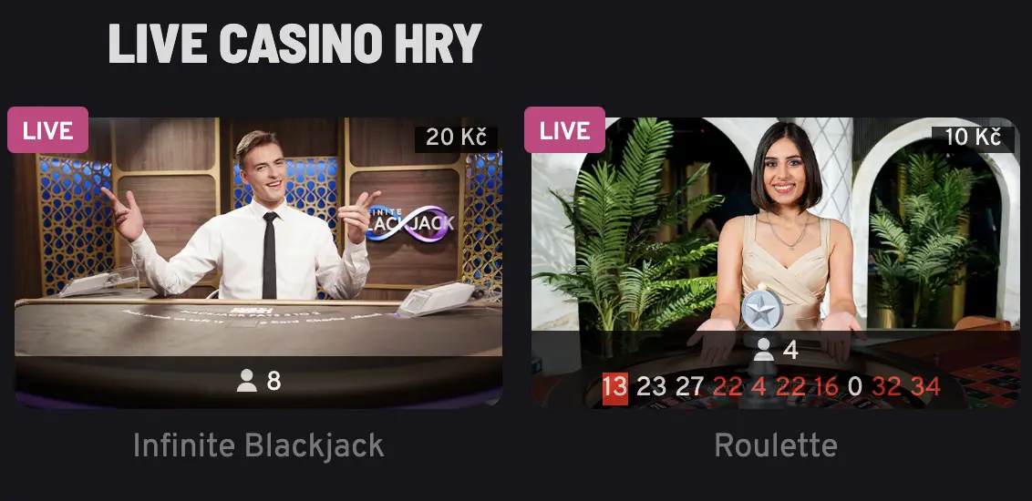 Online kasino nabídka živých her – krupiér u stolu Infinite Blackjack a krupiérka u stolu rulety s minimální sázkou 10 Kč.