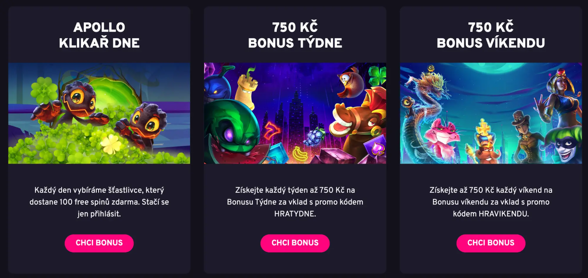 Apollo Games – denní bonus Klikář dne, týdenní bonus 750 Kč a víkendový bonus 750 Kč