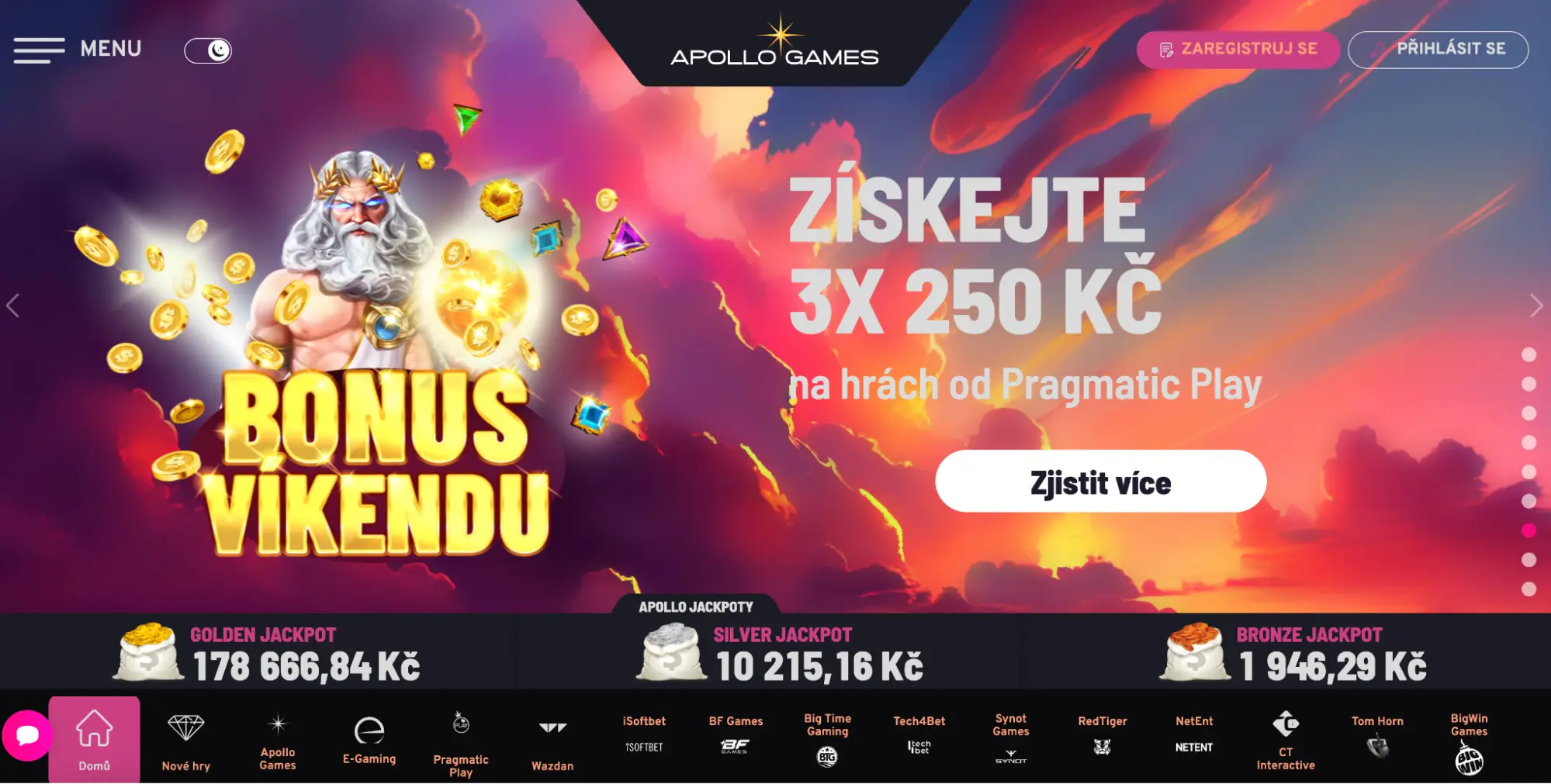 Propagační banner Apollo Games – Bonus víkendu 3× 250 Kč na hrách od Pragmatic Play, obrázek boha Dia rozhazujícího zlaté mince a drahokamy.