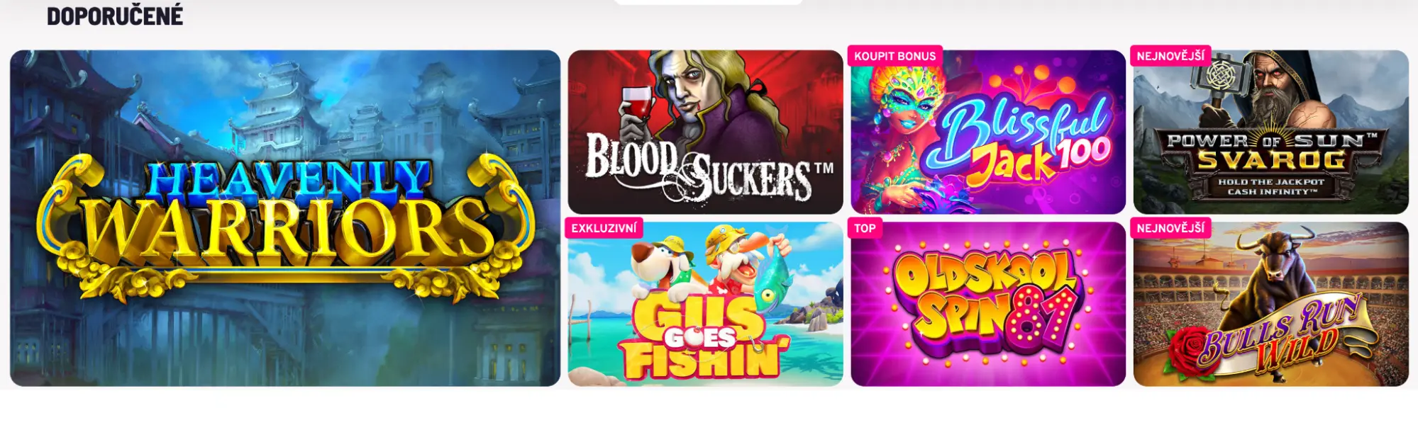 Doporučené online automaty – Heavenly Warriors, Blood Suckers, Blissful Jack 100, Power of Sun Svarog, Gus Goes Fishin’, Oldskool Spin 81, Bulls Run Wild