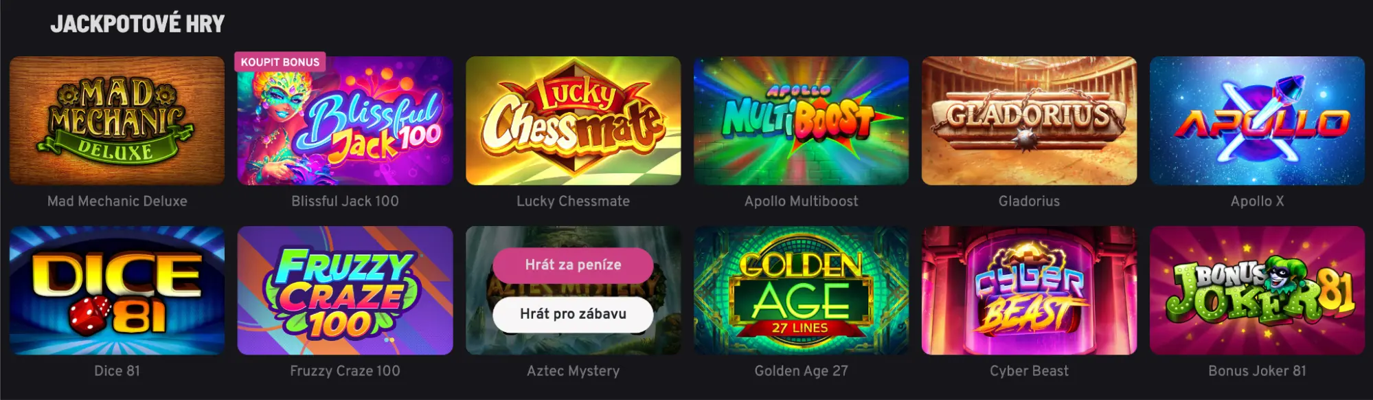 Výběr jackpotových her v Apollo Games, včetně titulů Mad Mechanic Deluxe