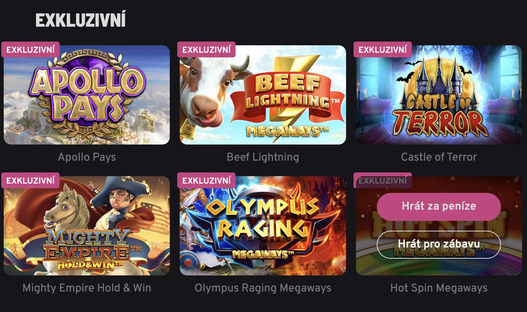 Ukázka sekce „Exkluzivní“ na webu Apollo Games s výběrem automatů