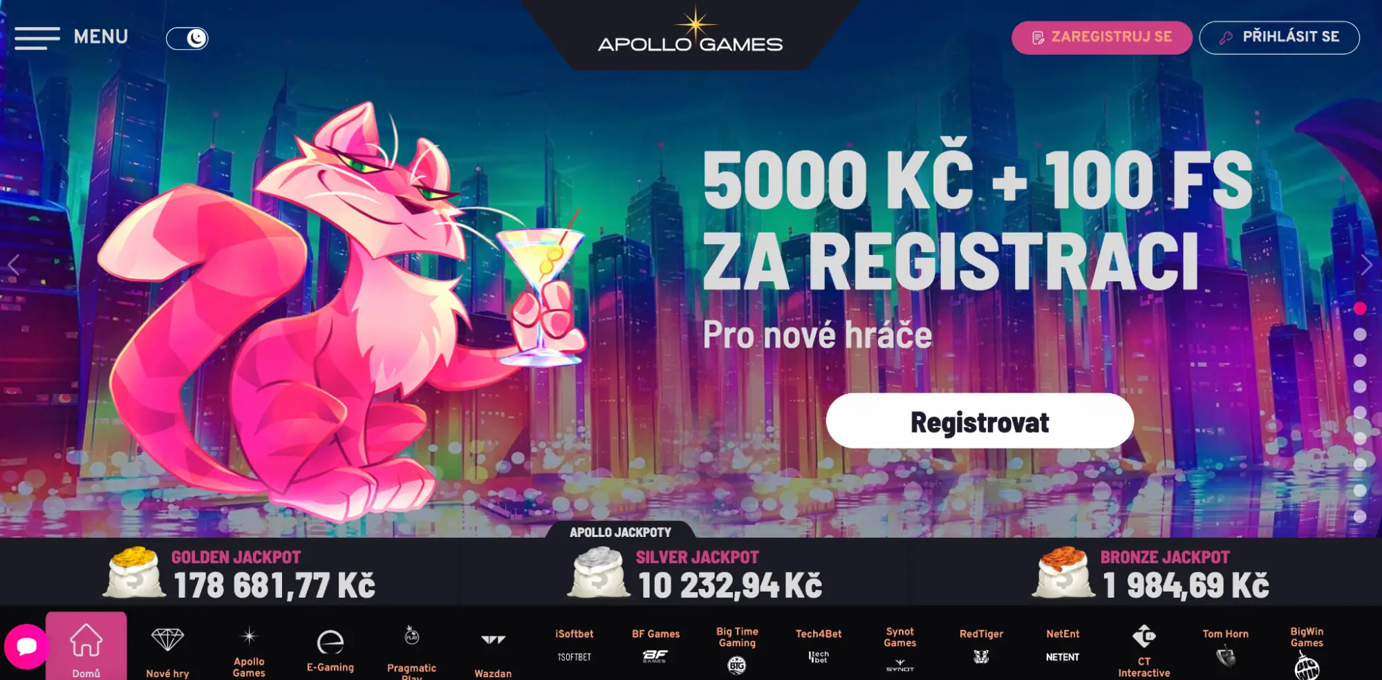 Úvodní banner Apollo Games s růžovou kočkou, nabídkou 5000 Kč a 100 free spinů za registraci pro nové hráče, a aktuálními částkami Golden, Silver a Bronze Jackpotu.