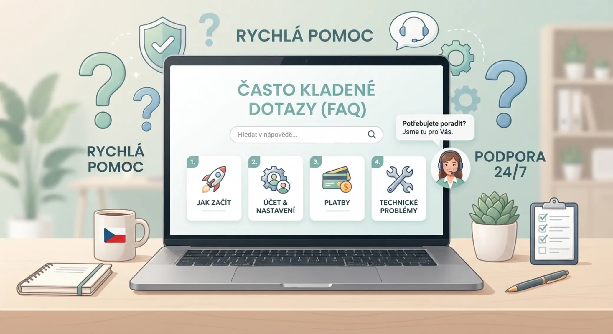 Ilustrace FAQ poradny s ikonami otázek, vyhledávání a nápovědy