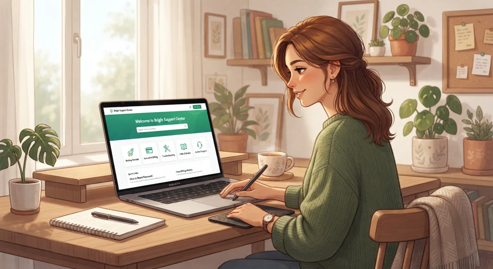 Uživatel prochází přehled kategorií centra nápovědy na notebooku