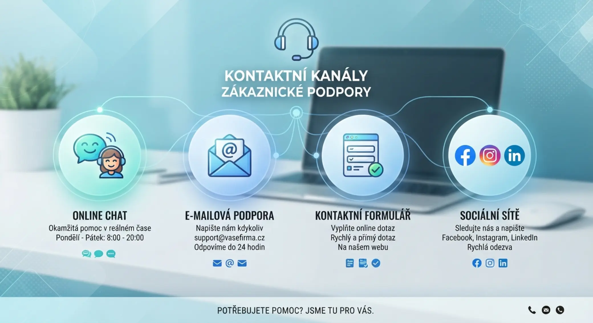 Přehled komunikačních kanálů: chat, e-mail, formulář a sociální sítě