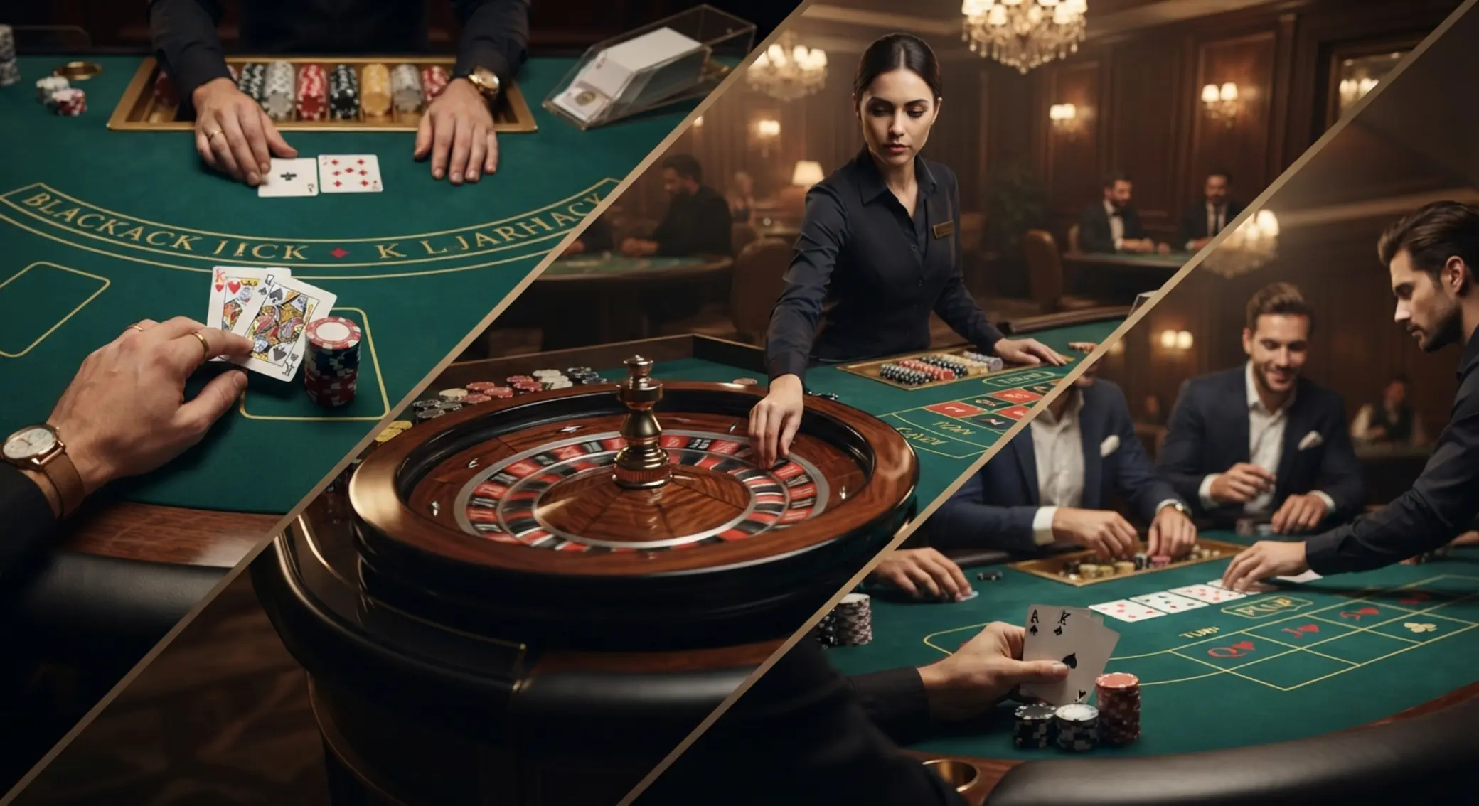Koláž hlavních živých her jako ruleta, blackjack a karetní stůl