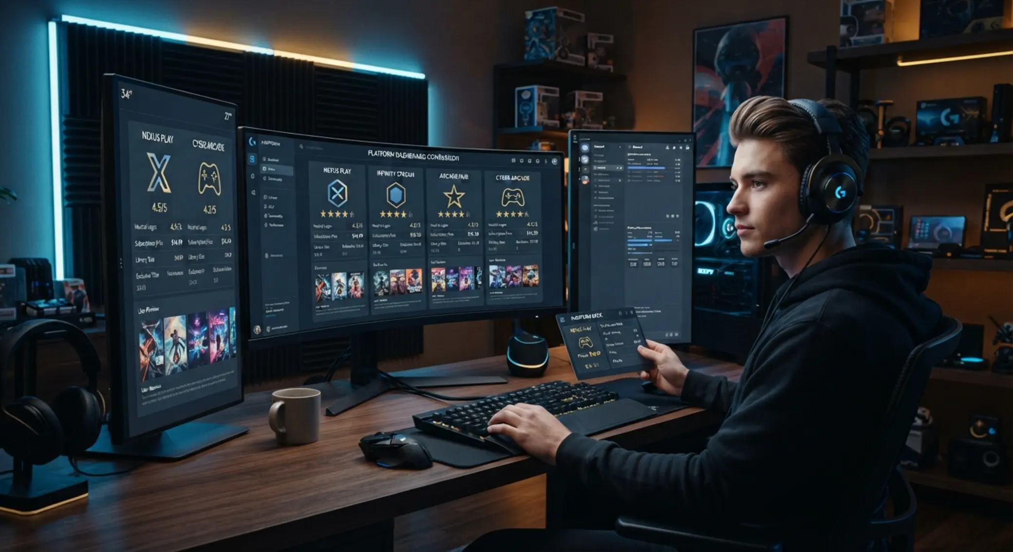 Hráč porovnává nabídky online platforem na více obrazovkách