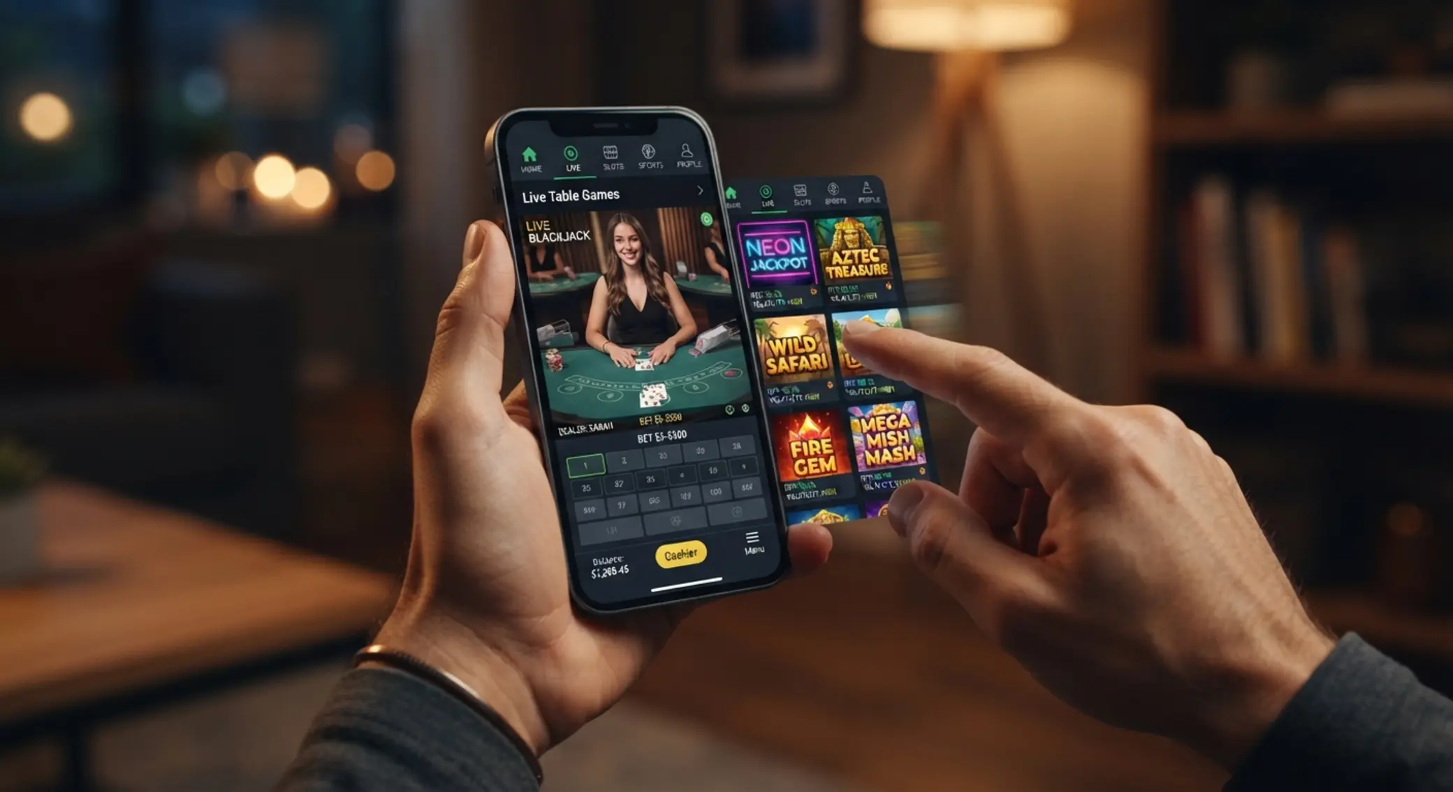Přihlášený hráč v mobilním casinu přepíná mezi live casinem a automaty