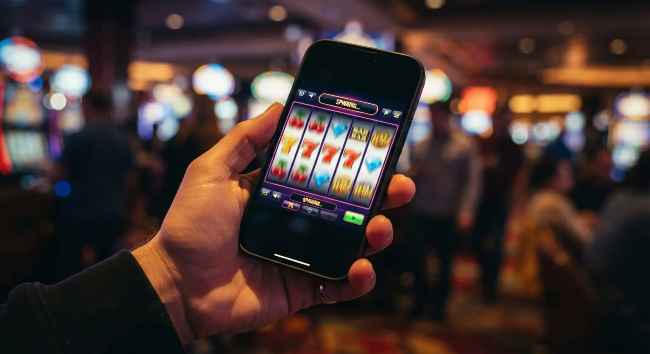 Ruka drží telefon s roztočenou mobilní hrou typu slot