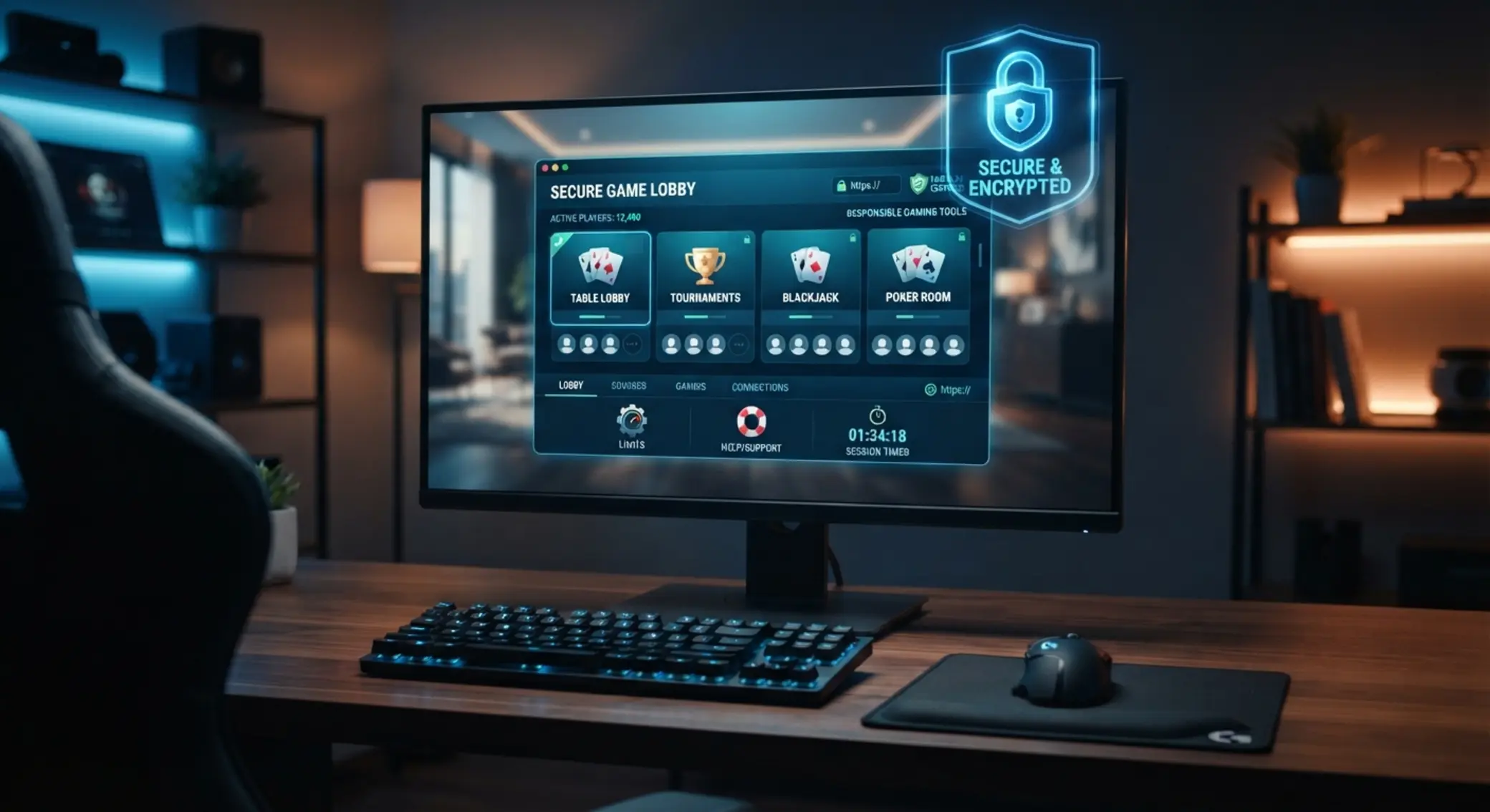 Bezpečnost a odpovědné hraní online Bezpečné online hraní s motivem zámku, lobby a ikon limitů