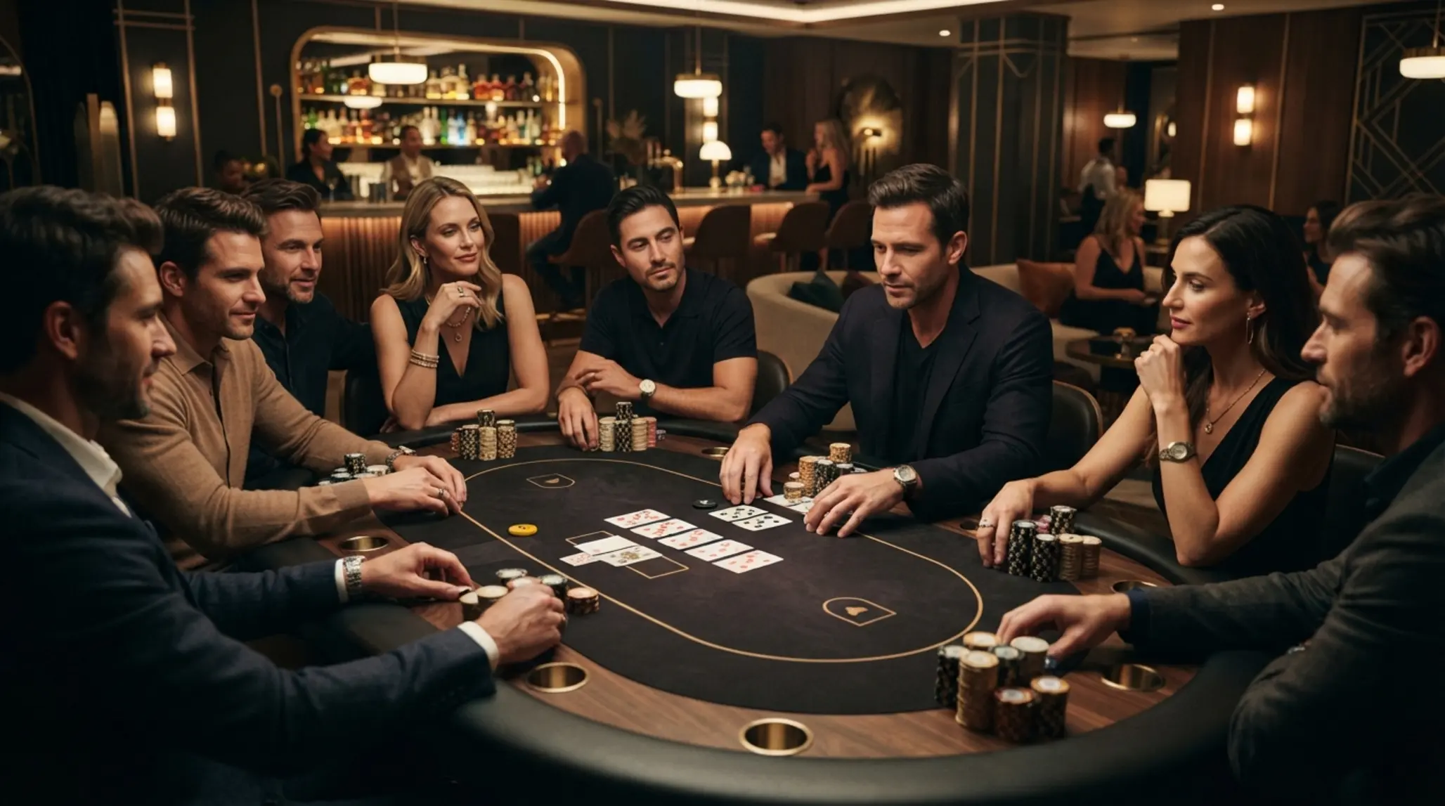 Pokerový stůl v prostředí Apollo Pokerový stůl se žetony a kartami v moderním herním prostředí