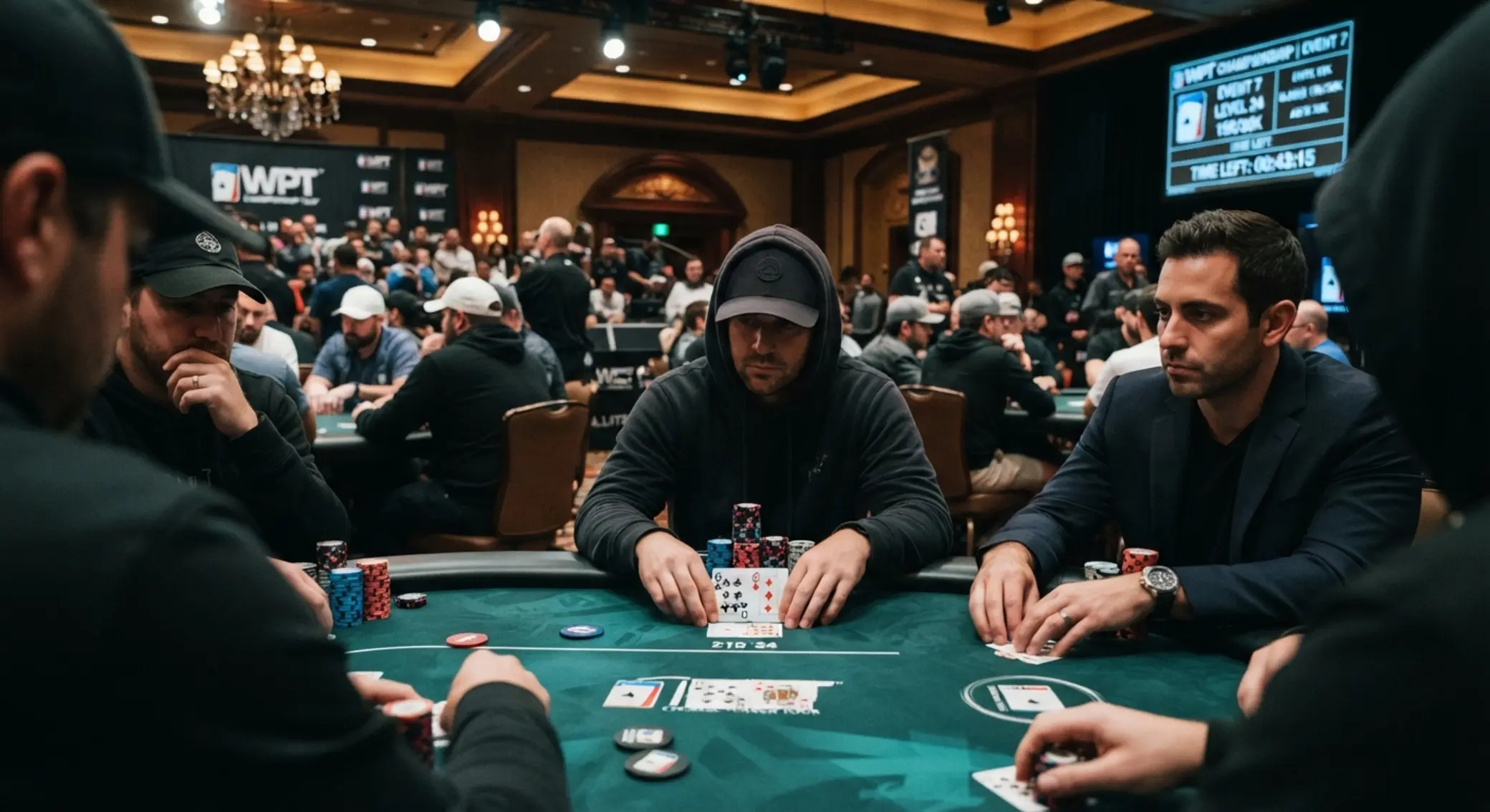 Turnajová atmosféra u pokerového stolu Ilustrační záběr z pokerového turnaje s hráči a žetony