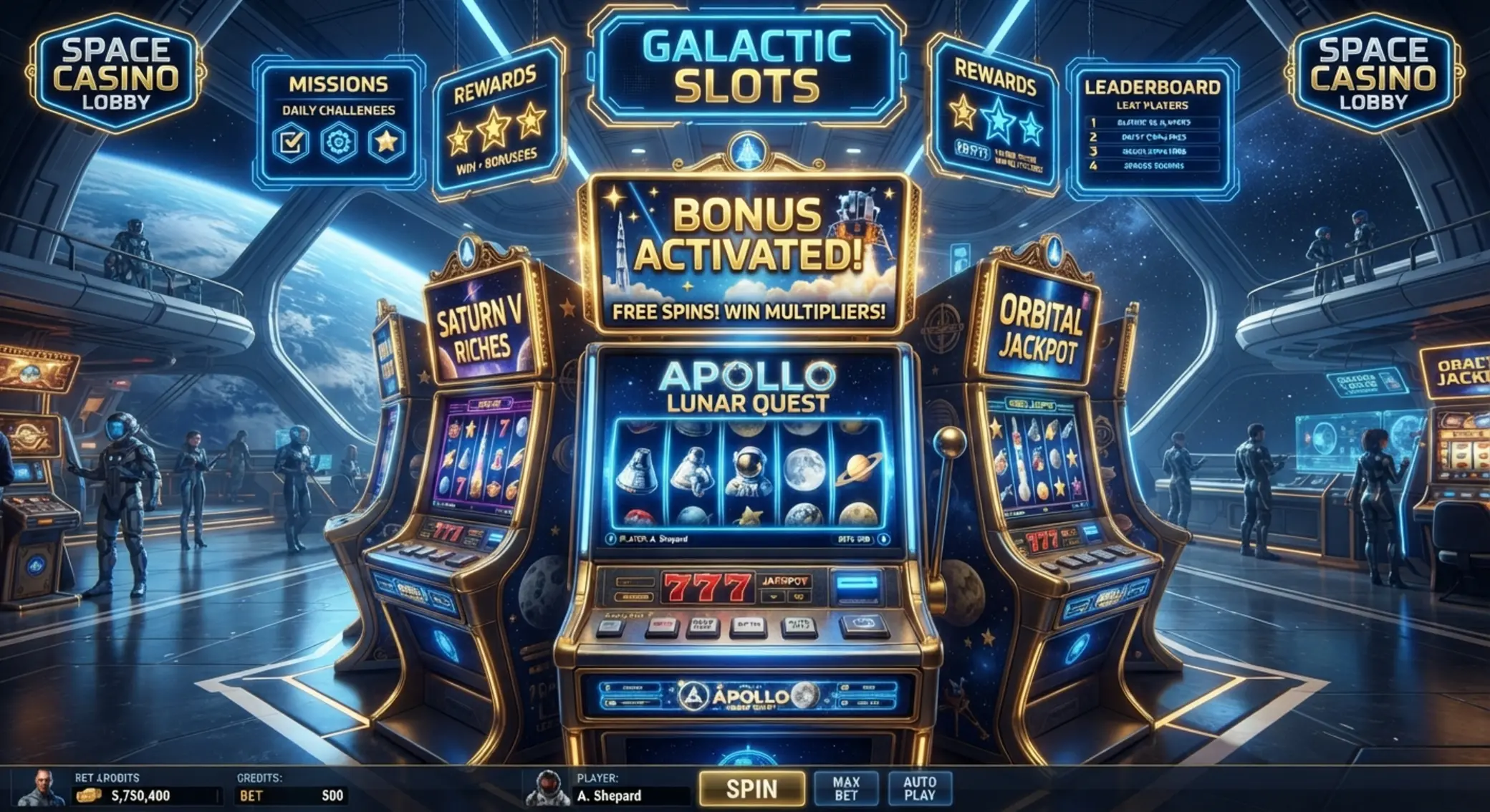 Vizuál herní lobby s Apollo automaty a bonusovou akcí