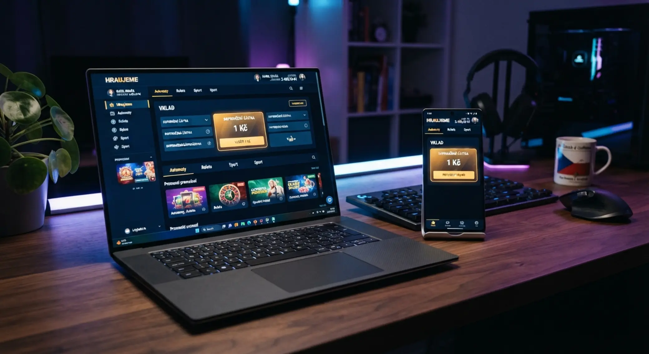 Přehled online casin na notebooku a mobilu se zvýrazněným vkladem 1 Kč