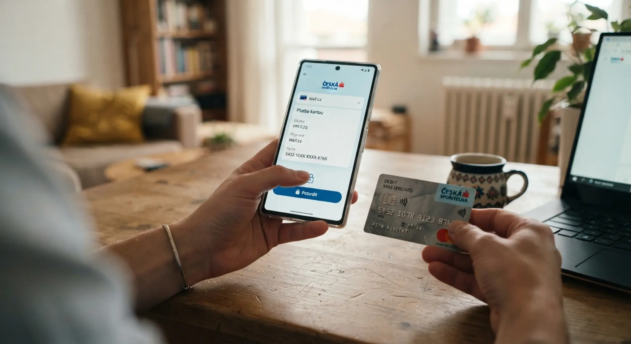 Platební karta, mobil a banka pro malý online vklad